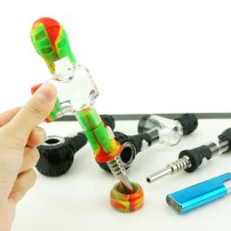 New design mini silicone smoking pipes water dab straw with quartz or titanium tips 9colors glass hand pipes 14mm joint size oil rigs