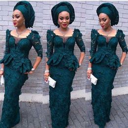 dark green High Quality Nigeria African Half Sleeves Evening Dresses Teal Lace Mermaid Prom Dresses Vestido de festa Longo Formal Wear