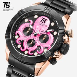 T5 - Lüks erkek spor saati, kuvars zamanlayıcı, su geçirmez, pembe, altın ve siyah