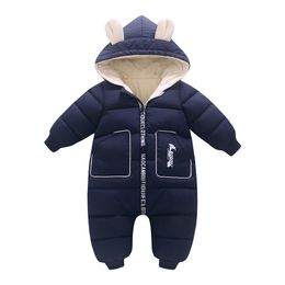 Autumn Winter Infant Baby Clothing Baby Boys Rompers Thick Down Cotton Jumpsuit Girls Hooded Fleece Romper Snow Suit 201029
