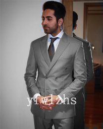 Popular Double-Breasted Groomsmen stripe Groom Tuxedos Men Suits Wedding/Prom Best Man Blazer ( Jacket+Pantst+Tie) Y229