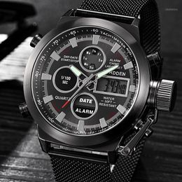 Wristwatches CURDDEN Dual Display Men Watches Luxury Stainless Steel Quartz Wristwatch Fashion Digital LED Mens Watch Clock Relogio Masculin