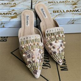 Sommer Strass Pailletten Frauen Sandale Flache Rutschen Spitz Baotou Hausschuhe Mode Ethnischen Stil frauen Schuhe Größe 36-41
