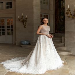 Crystal Design A Line Wedding Dresses Modern Feather Beads Sequins Sleeveless Vestidos De Novia Luxury Custom Made Sweep Train Bridal Gowns