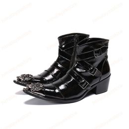 Fashion Black Boots Men Formal Genuine Leather Shoes Fashion Buckle Pointed Toe Party Men Ankle Boots Cowboy Motorcycle Short Boots Big Size