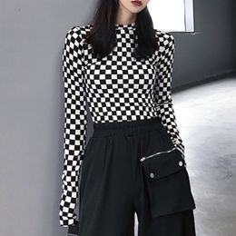 Black & White Chequered Mesh Top Long Sleeve Mock Neck Cropped Top Women's T-shirts Altgirl Outfit / 201125