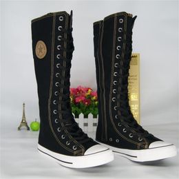 Women High Top Casual Canvas Shoes Gothic Fashion Punk Style Women Long Boots Ladies Knee High With Side Zipper Canvas Shoes LJ201030