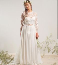 Bohemian Wedding Dresses A Line Bridal Gowns Illusion Long Sleeve Pretty 2023 Summer Appliuqes Lace Long Chiffon Beach Boho Bride Dress Floor Length