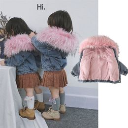 Children's clothing for boys and girls autumn and winter jackets velvet thickening children's denim jacket luxury big fur collar LJ201017