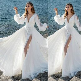 2021 Cheap A Line Wedding Dresses Summer Beach Deep V Neck Long Sleeves High Side Split Floor Length Plus Size Formal Bridal Gowns