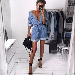 Women Casual Summer Denim Romper High Waist Jeans Overall BF Wide Leg Jumpers Lapel Pocket Shorts Jumpsuit Playsuit Bodysuits T200701