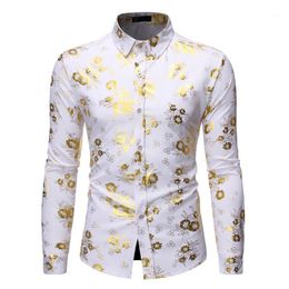 Men's Fancy Flowered Gold Print Dress Shirt Men 2020 Brand New Luxury Design Slim Fit Men Tuxedo Shirts for Club Party Disco1295P