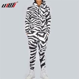 UJWI Fashion Men/Women 2 Pieces Tracksuit Set Harajuku 3d Black While Zebra Unisex Hoodies Sportswear Pant Suit Fitness Clothes 201210