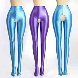 Seamless Leggings Sexy Open Crotch Pants Satin Oil Glossy Opaque Pantyhose Shiny Tights Glossy High Plus Size Pants Workout H1221