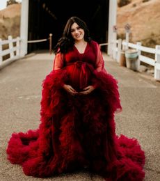Sexy Wine Red Photography Dress See Thru Long Prom Dresses With Puff Full Sleeves Prom Gowns Ruffles Tiered Pregnant Woman Long Robe