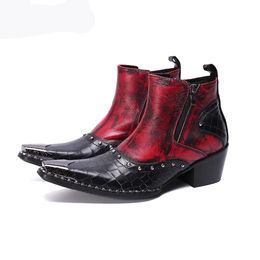 6.5cm Heels High Men Ankle Boots Pointed Toe Zip Punk Men's Leather Boots Ankle for Party and Wedding chaussure homme