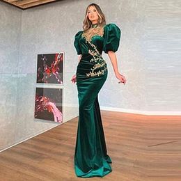 Elegant Arabic Green Mermaid Prom Dresses New 2021 Puff Short Sleeve Sheer High Collar Appliques Lace Long Dubai Aso Ebi Formal Evening Wear