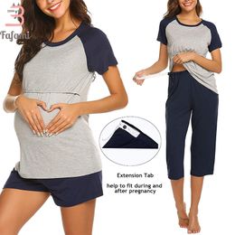 Pyjamas Set For Pregnant Women Maternity Sleepwear Nursing Clothes Summer Cotton Breastfeeding Nightwear Home wear Tops+Shorts LJ201113