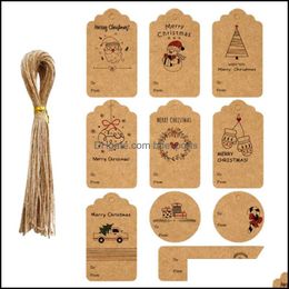 Christmas Decorations Festive & Party Supplies Home Garden 50 Pieces Kraft Tags Paper Labels With Tree Santa Claus Patterns Gift Jute Twine