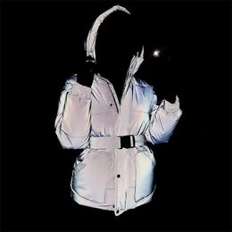 Winter Fashion Reflective Paragraph Warm Women's Jacket Women Europe and America Hooded Luminous Casual Thick Belted Parkas 201125