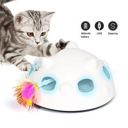 Smart Cat Teaser Stick Feather Toy Automatic Running Spinning LED Cat Interactive Toys Pet Play Training Scratching Device 201217
