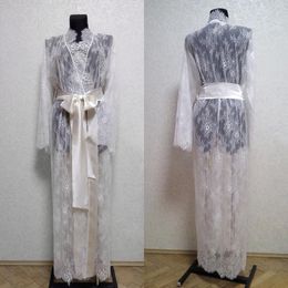 See Through Lace Bridal Sleepwear with Belt Nightgown Robes Long Sleeves Bathrobe Shawl Pyjamas Party Wear