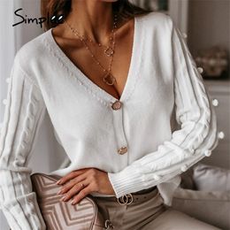 Simplee Sexy v-neck knitted women cardigan Casual solid white long sleeve sweater cardigan Elegant autumn ladies sweater tops 201030