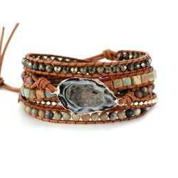 Leather Bracelets Handmade Natural Stones Drusy Charm Multilayers Wrap Bracelets Handmade Boho Bracelets Gifts Y200730