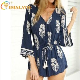 Summer Cloth Women Jumpsuits V-neck Comfortable Holiday Flared Sleeve Bohemian Style Printed Straight Blue and White Jumpsuit T200704