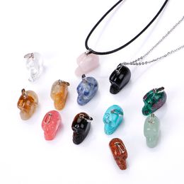 Natural Crystal Rose Quartz Stone Pendant Carved Skull Heads Shape Necklace Chakra Healing Jewelry for Women Men