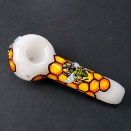 3D Colored Bee Portable Smoking Pipes Heady Tobacco Pipes Mini Oil Dab Rigs Spoon Glass Pipes GID11