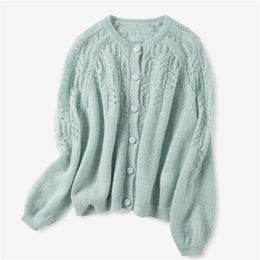 Women Hollow Out O-Neck Knitted Cardigan Single-breasted Thin Knitted Sweater Knitwear Jacket Coat top Fashion 201111