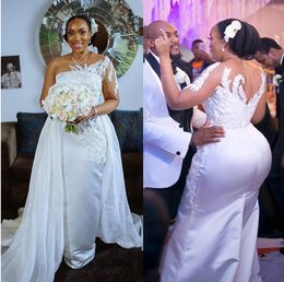 Sexy South African Satin Mermaid Wedding Dresses With Detachable Train Appliques Lace Sheer One Shoulder Long Sleeve Plus Size Bridal Gowns