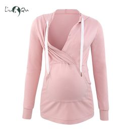 Womens Maternity Nursing Hoodie Pregnancy Long Sleeve Cross V Neck Sweatshirt Pocket Breastfeeding Clothes Pregnancy Hoodies LJ201118