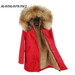 Brand New Women Winter Coat Large Real Raccoon Fur Collar Hooded Long Jacket Detachable Faux Fur Lining Winter Fur Parka 201214