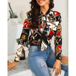 Women's Blouses & Shirts 2021 Style Office Ladies Chain Print Autumn Long Sleeve Chiffon Blouse Women Lace Up Bow Buttons Shirt Tops Blusas1