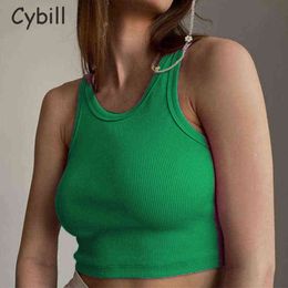Cybill Pure Knitting Summer Crop Top White Casual Stretch Tank Top Women Vest Halter Short Top Festival Black Sleeveless Y220304