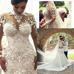 2021 Luxus Sheer Long Sleeves Brautkleider Illusion Nigeria High Neck Applizierte Perlen Dubai Arabisch Castle Mermaid Brautkleider BA7687