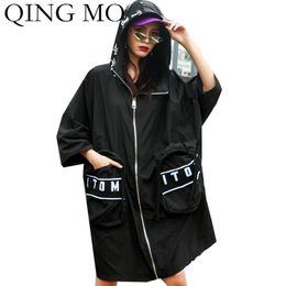 QING MO Fashion Brand Women Hooded Coat Summer Women Letter Coat With Adjustable Waist Female Loose Trench Coat ZQY3718 201102