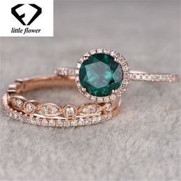 14k Rose Gold Set of Turquoise Three-piece Ring Engagement Diamond Emerald Diamante Jewellery Anillos for Women Ring Gemstone Y200321