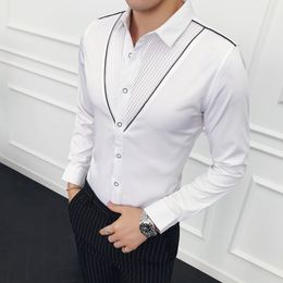 Fashion designer V-shaped pleated shirt Slim long-sleeved petticoat men's wedding party social shirt evening dress tops M-3XL C1210