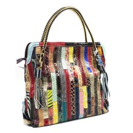 Colour stripe leather shoulder bag women's messenger bag black snake grain cowhide women's bag large capacity handbag