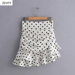 Women fashion polka dot print pleated asymmetrical skirt faldas mujer ladies back zipper vestidos chic ruffles skirts QUN379 LJ200820