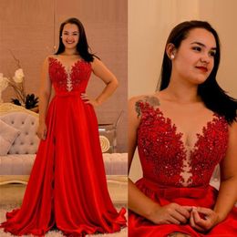 Sexy Red High Thigh Split Evening Dresses A Line Strapless Lace Appliques Beaded Satin Long Formal Party Gowns Prom Dress