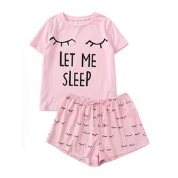 Women's Casual Shorts Short Sleeve Print T-Shirt Sleepwear Nightwear Set Pijamas Let Me Sleep Women Pyjamas for Women Set Y200708