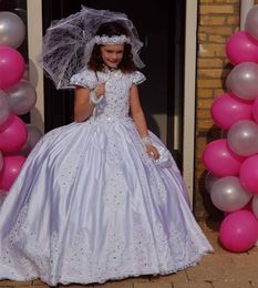 Lilac Satin Applique Pageant Prom Dresses For Little Girls High neck Short Sleeve Princess Communion Party Dress Toddler Wedding Dress V15