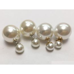 Fashion Korean Style Two Sided White Pearl Imitation Pearls Studs For Women Boutique Classic Double Sides Pearl Stud Earrings R02H2