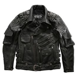 High Quality Super Genuine Cow Skin Motorcycle Rider Male Cowhide Leather Jacket 98008 LJ201029