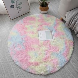 Round Plush Carpet Shaggy Fluffy Rugs for Living Room Bedroom Floor Mats Bedside Area Rainbow Soft Kids Mat 220315