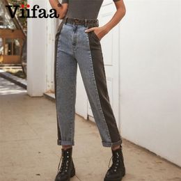 Viifaa Blue and Black Two Tone High Waist Straight Jeans Slant Pocket Women Fashion Denim Pants Casual Jeans 210203